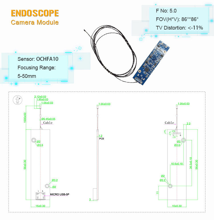 Mini OCHFA10 Endoscope Camera Module 700*700 Pixel 1.5mm UVC Interface